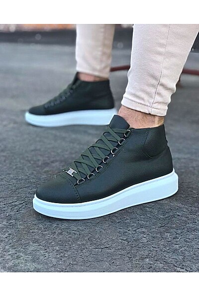 WG032 Haki Bağcıklı Sneakers  Yarım Bilek Bot