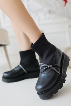 Dewn Siyah Cilt Topuklu Bot Dewn Siyah Cilt Topuklu Bot