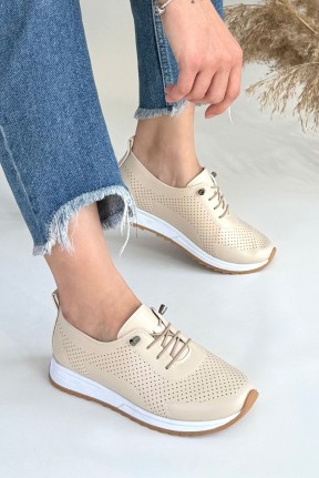 Tone Bej Cilt Bağcıklı Spor Ayakkabı Tone Bej Cilt Bağcıklı Spor Ayakkabı