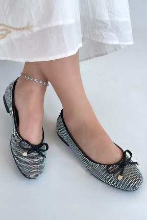 Potte Siyah Saten Babet Ayakkabı Potte Siyah Saten Babet Ayakkabı