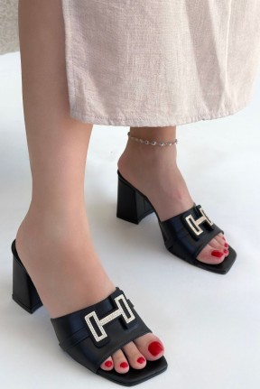 Erew Siyah Cilt Topuklu Terlik Erew Siyah Cilt Topuklu Terlik