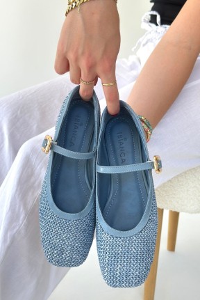 Rives Mavi Cilt Hasır Dokumalı Babet Ayakkabı Rives Mavi Cilt Hasır Dokumalı Babet Ayakkabı