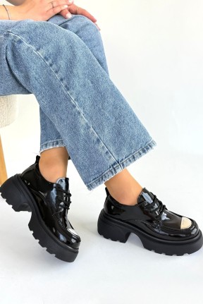 Kiya Siyah Rugan Dolgu Topuk Oxford Ayakkabı Kiya Siyah Rugan Dolgu Topuk Oxford Ayakkabı