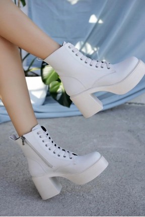 Tsan Bej Cilt Bağcıklı Topuklu Bot Tsan Bej Cilt Bağcıklı Topuklu Bot