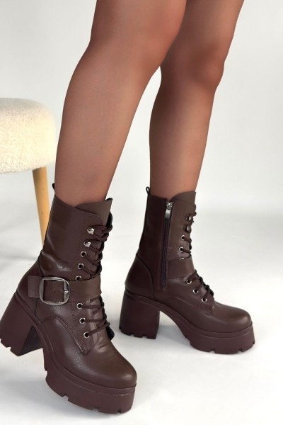 Linma Kahverengi Cilt Bağcıklı Topuklu Bot Linma Kahverengi Cilt Bağcıklı Topuklu Bot