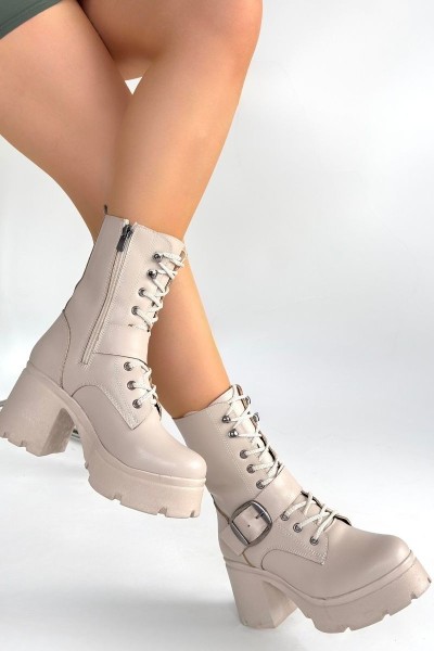 Linma Bej Cilt Bağcıklı Topuklu Bot