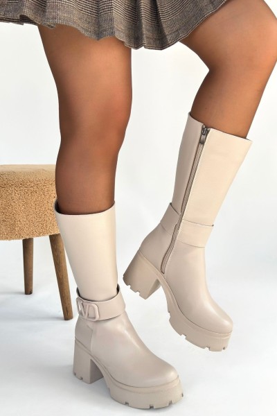 Moki Bej Cilt Topuklu Çizme Moki Bej Cilt Topuklu Çizme