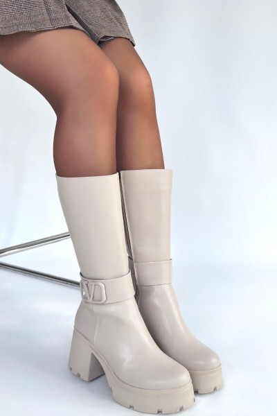 Moki Bej Cilt Topuklu Çizme Moki Bej Cilt Topuklu Çizme
