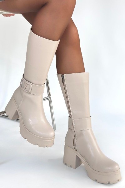 Moki Bej Cilt Topuklu Çizme Moki Bej Cilt Topuklu Çizme