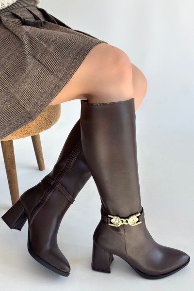 Mooni Kahverengi Cilt Topuklu Çizme