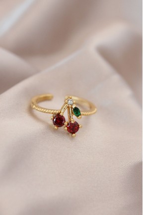 Ayarlamalı Gold Renk Metal Renkli Zirkon Taşlı Kiraz Yüzük