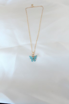 Gold Kaplama Turkuaz Renk Sedefli Kelebek Kolye