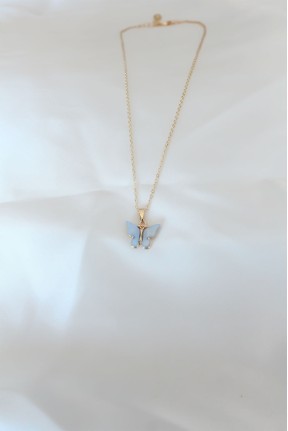 Gold Renk Kaplama Buz Mavisi Renk Sedefli Kelebek Kolye