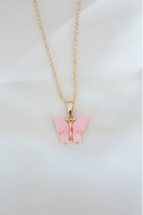 Gold Kaplama Pembe Sedefli Kelebek Kolye