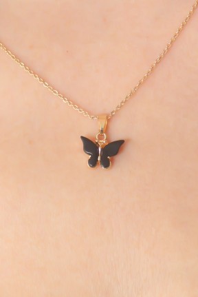 Gold Siyah Renk Kelebek Figür Kadın Kolye