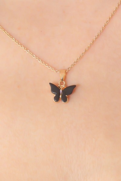 Gold Siyah Renk Kelebek Figür Kadın Kolye