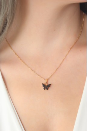 Gold Siyah Renk Kelebek Figür Kadın Kolye