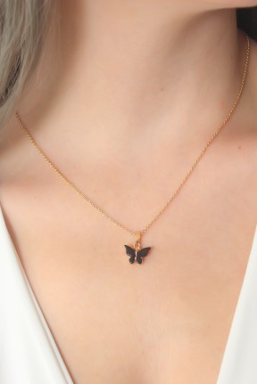 Gold Siyah Renk Kelebek Figür Kadın Kolye