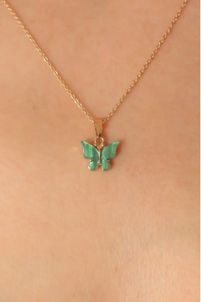 Gold Yeşil Renk Kelebek Figür Kadın Kolye