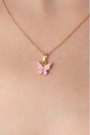 Gold Pembe Renk Kelebek Figür Kadın Kolye