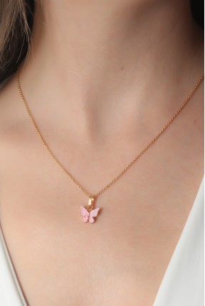 Gold Pembe Renk Kelebek Figür Kadın Kolye