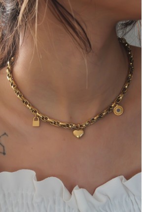 çelik Gold Renk Kalın Zincir Model Kalp Figür Kadın Kolye çelik Gold Renk Kalın Zincir Model Kalp Figür Kadın Kolye