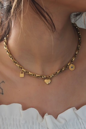 çelik Gold Renk Kalın Zincir Model Kalp Figür Kadın Kolye çelik Gold Renk Kalın Zincir Model Kalp Figür Kadın Kolye