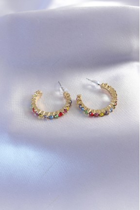 Gold Renk Yarım Halka Model Renkli Kristal Taşlı Kadın Küpe Gold Renk Yarım Halka Model Renkli Kristal Taşlı Kadın Küpe