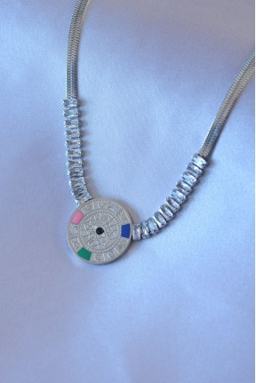 316l çelik Gümüş Renk Zirkon Taşlı İtalyan Zincir Burç İşeleme Madalyon Model Kadın Kolye