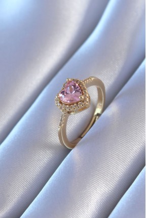 Gold Renk Zirkon Taşlı Kalp Model Pirinç Charm Kadın Yüzük