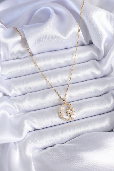 316l çelik Gold Renk Zirkon Taşlı Ay Yıldız Model Kadın Kolye 316l çelik Gold Renk Zirkon Taşlı Ay Yıldız Model Kadın Kolye
