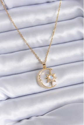 316l çelik Gold Renk Zirkon Taşlı Ay Yıldız Model Kadın Kolye 316l çelik Gold Renk Zirkon Taşlı Ay Yıldız Model Kadın Kolye