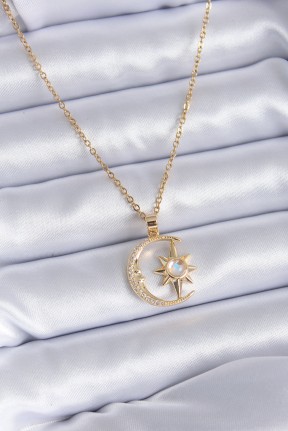 316l çelik Gold Renk Zirkon Taşlı Ay Yıldız Model Kadın Kolye 316l çelik Gold Renk Zirkon Taşlı Ay Yıldız Model Kadın Kolye