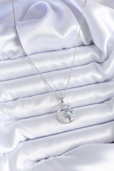 316l çelik Gümüş Renk Zirkon Taşlı Ay Yıldız Model Kadın Kolye 316l çelik Gümüş Renk Zirkon Taşlı Ay Yıldız Model Kadın Kolye