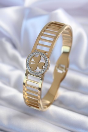 316l çelik Gold Renk Zirkon Taşlı Yonca Model Kadın Kelepçe 316l çelik Gold Renk Zirkon Taşlı Yonca Model Kadın Kelepçe