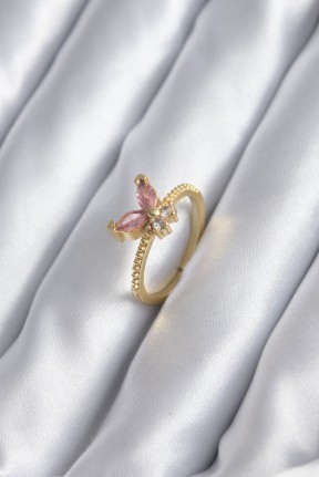 Gold Renk Pembe Zirkon Taşlı Kelebek Model Kadın Yüzük Gold Renk Pembe Zirkon Taşlı Kelebek Model Kadın Yüzük