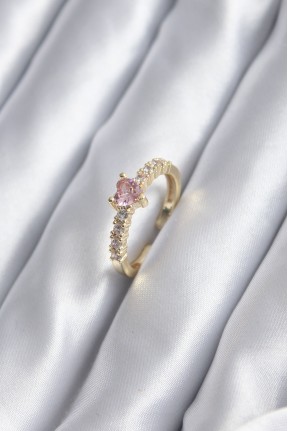 Gold Renk Zirkon Taşlı Pembe Kristal Kalp Model Kadın Yüzük Gold Renk Zirkon Taşlı Pembe Kristal Kalp Model Kadın Yüzük