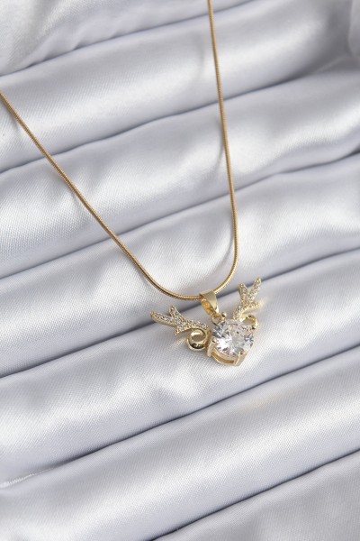 316l çelik Gold Renk Zirkon Taşlı Boynuz Model Kadın Kolye
