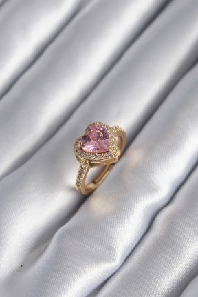 Pirinç Gold Renk Pembe Zirkon Taşlı Charm Kalp Model Kadın Yüzük Pirinç Gold Renk Pembe Zirkon Taşlı Charm Kalp Model Kadın Yüzük