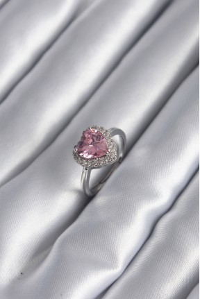 Pirinç Gümüş Renk Pembe Zirkon Taş Kalp Charm Model Kadın Yüzük Pirinç Gümüş Renk Pembe Zirkon Taş Kalp Charm Model Kadın Yüzük