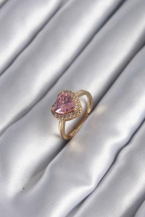 Pirinç Gold Renk Pembe Zirkon Taş Kalp Charm Model Kadın Yüzük Pirinç Gold Renk Pembe Zirkon Taş Kalp Charm Model Kadın Yüzük