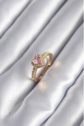 Pirinç Gold Renk Pembe Zirkon Taş Kalp Charm Model Kadın Yüzük