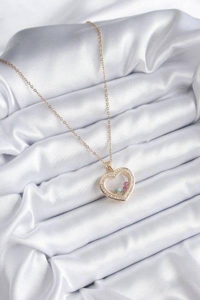 316l çelik Gold Renk Zirkon Taş Detay Kalp Fanus Model Kadın Kolye