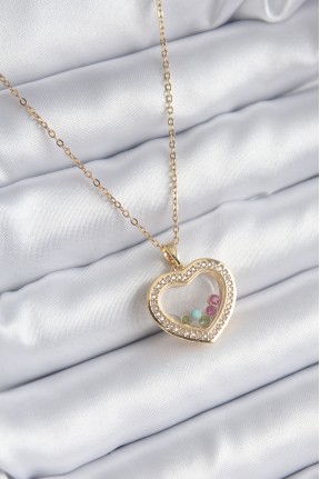 316l çelik Gold Renk Zirkon Taş Detay Kalp Fanus Model Kadın Kolye