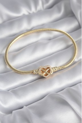 Pirinç Gold Renk Zirkon Taşlı Kalp Sonsuzluk Model Charm Kadın Bileklik