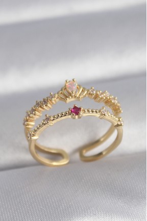 Pirinç Gold Renk Zirkon Taşlı Taç Model Kadın Yüzük Pirinç Gold Renk Zirkon Taşlı Taç Model Kadın Yüzük