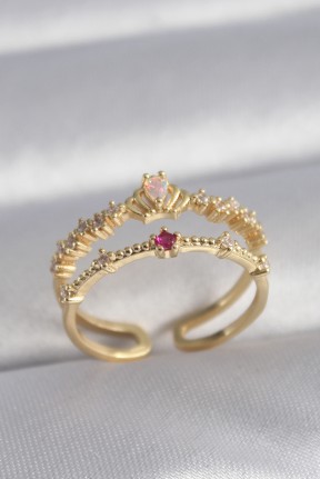 Pirinç Gold Renk Zirkon Taşlı Taç Model Kadın Yüzük Pirinç Gold Renk Zirkon Taşlı Taç Model Kadın Yüzük