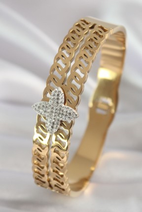316l çelik Gold Renk Zirkon Taşlı çiçek Model Kadın Kelepçe 316l çelik Gold Renk Zirkon Taşlı çiçek Model Kadın Kelepçe