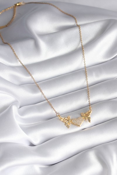 316l çelik Gold Renk Zirkon Taşlı Kanatlı Kalp Model Kadın Kolye