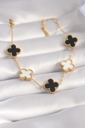316l çelik Gold Renk Siyah Beyaz Yonca Model Kadın Bileklik 316l çelik Gold Renk Siyah Beyaz Yonca Model Kadın Bileklik
